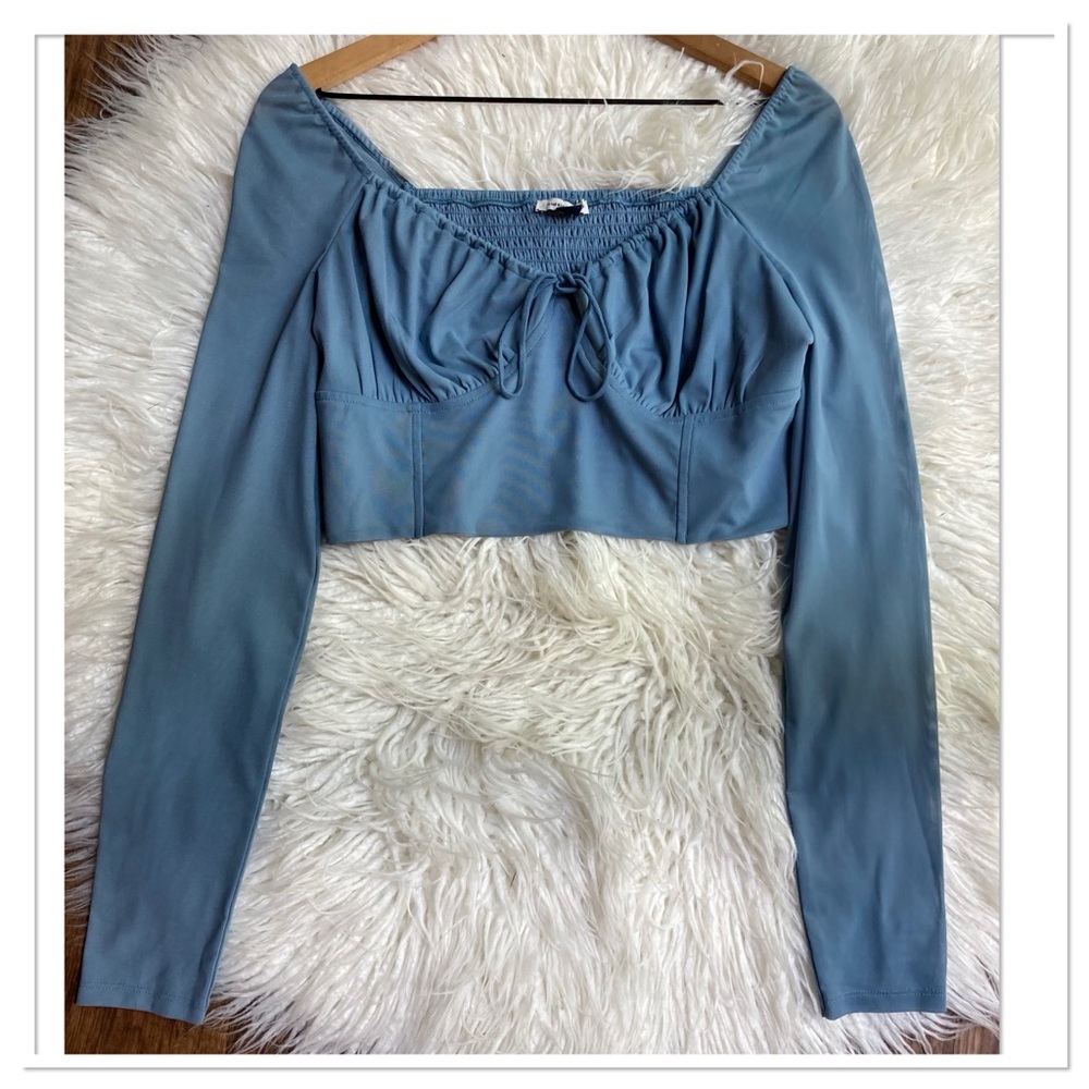 NWT American Eagle Mesh Cropped Long Sleeve Corset Top Blue Size Large